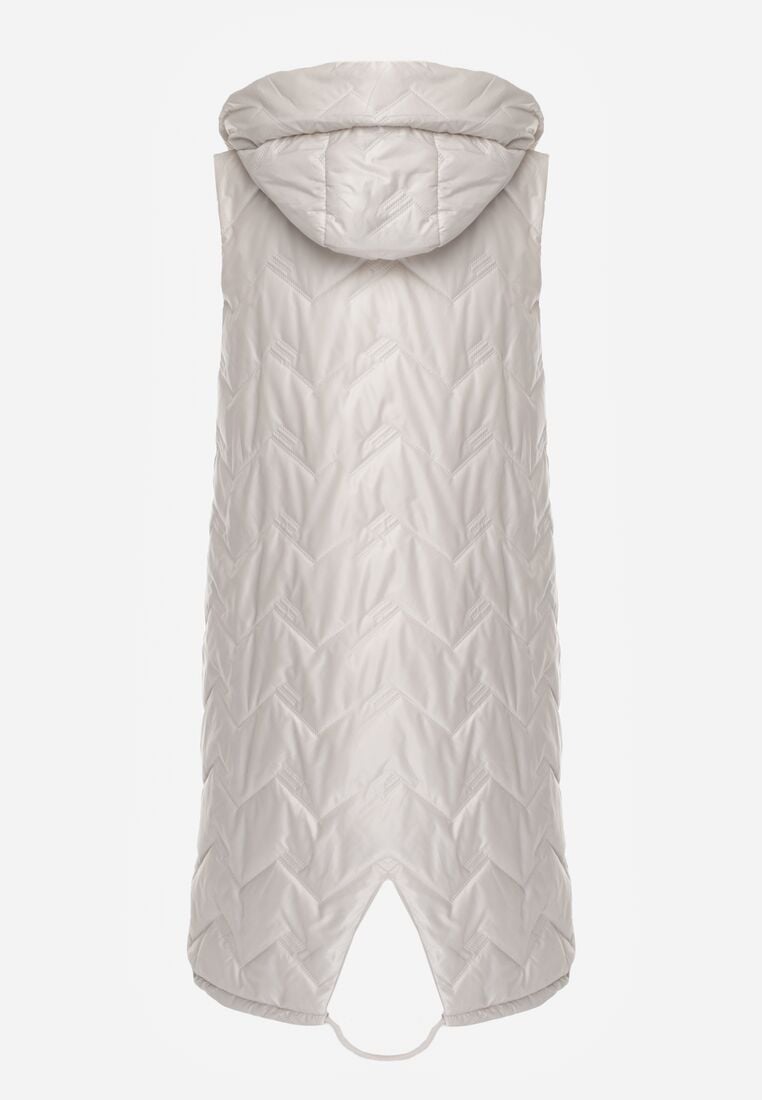 Jasnoszara Przejściowa Kamizelka Pikowana o Długim Kroju z Kapturem i Naszywką Harmaste 7