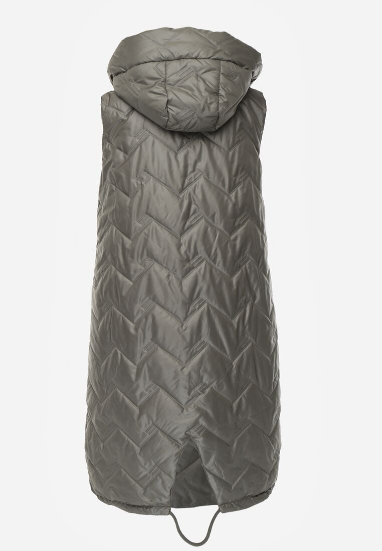 Zielona Przejściowa Kamizelka Pikowana o Długim Kroju z Kapturem i Naszywką Harmaste 7