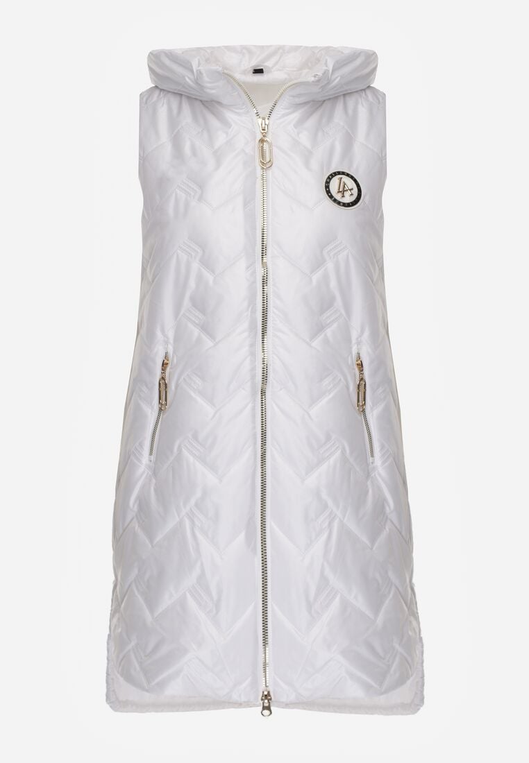 Biała Przejściowa Kamizelka Pikowana o Długim Kroju z Kapturem i Naszywką Harmaste 6