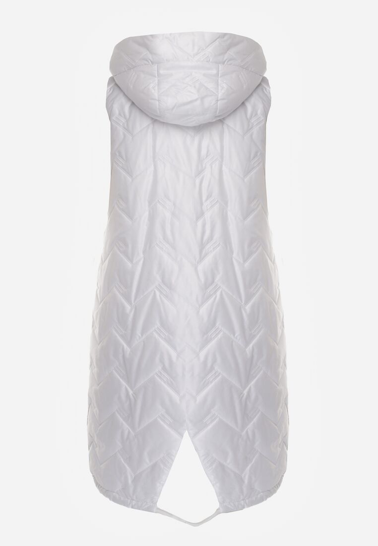 Biała Przejściowa Kamizelka Pikowana o Długim Kroju z Kapturem i Naszywką Harmaste 7