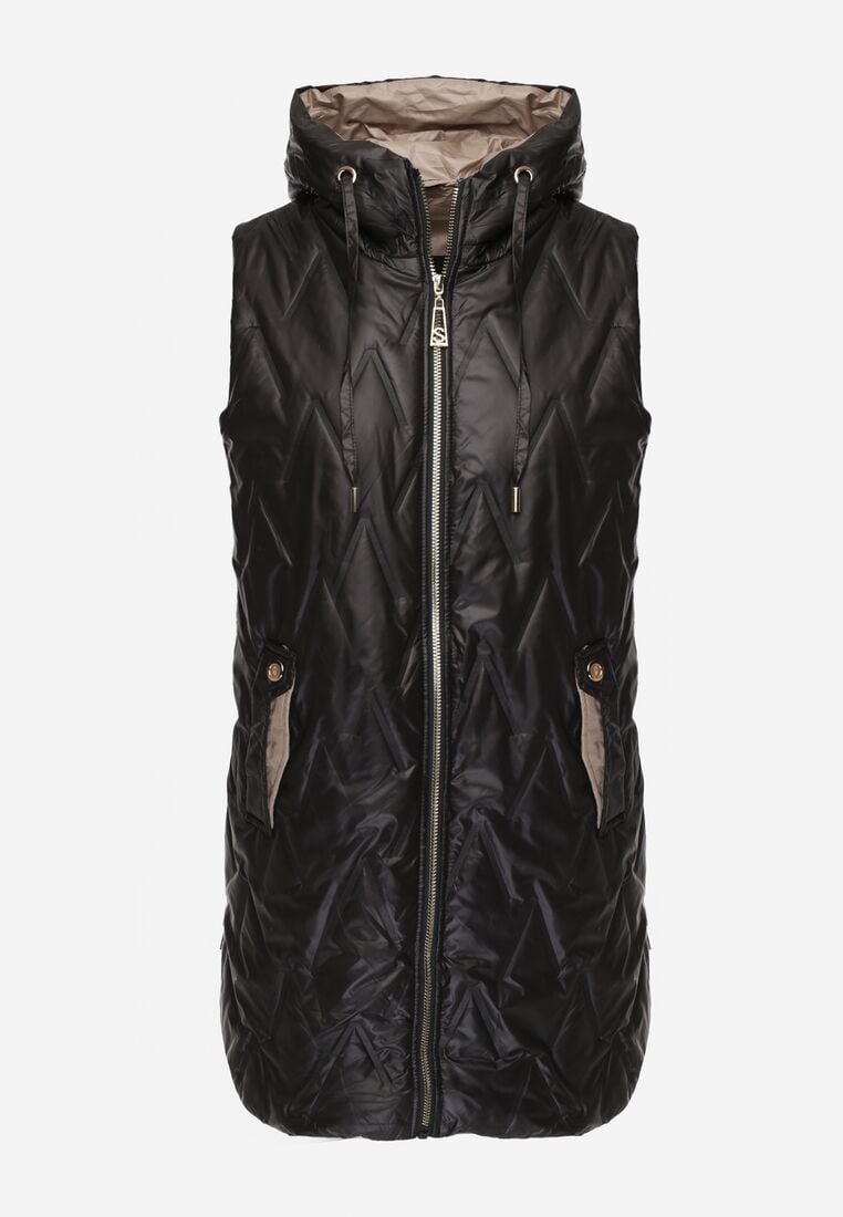 Czarna Pikowana Kamizelka o Długim Kroju z Nieodpinanym Kapturem w Romby Dephice 6