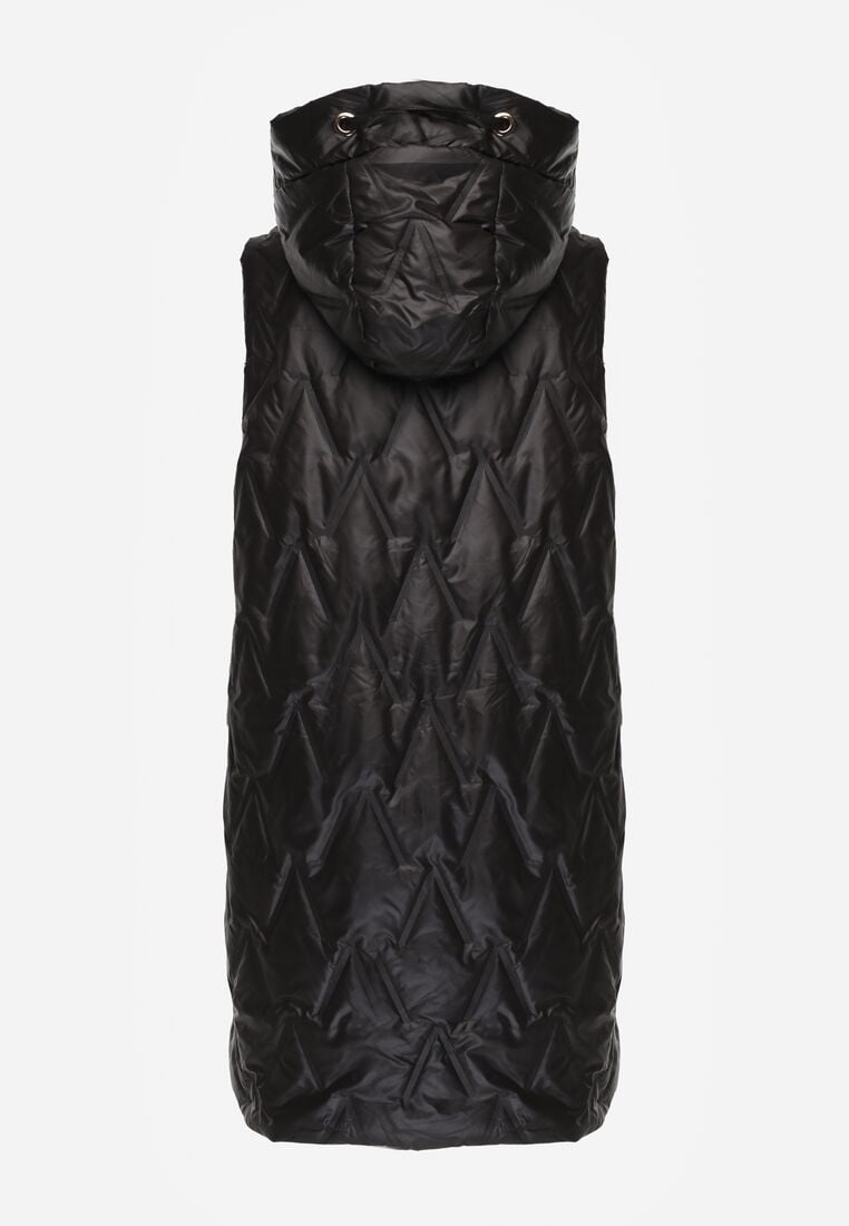Czarna Pikowana Kamizelka o Długim Kroju z Nieodpinanym Kapturem w Romby Dephice 7