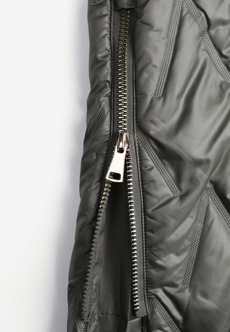 Zielona Pikowana Kamizelka o Długim Kroju z Nieodpinanym Kapturem w Romby Dephice 8