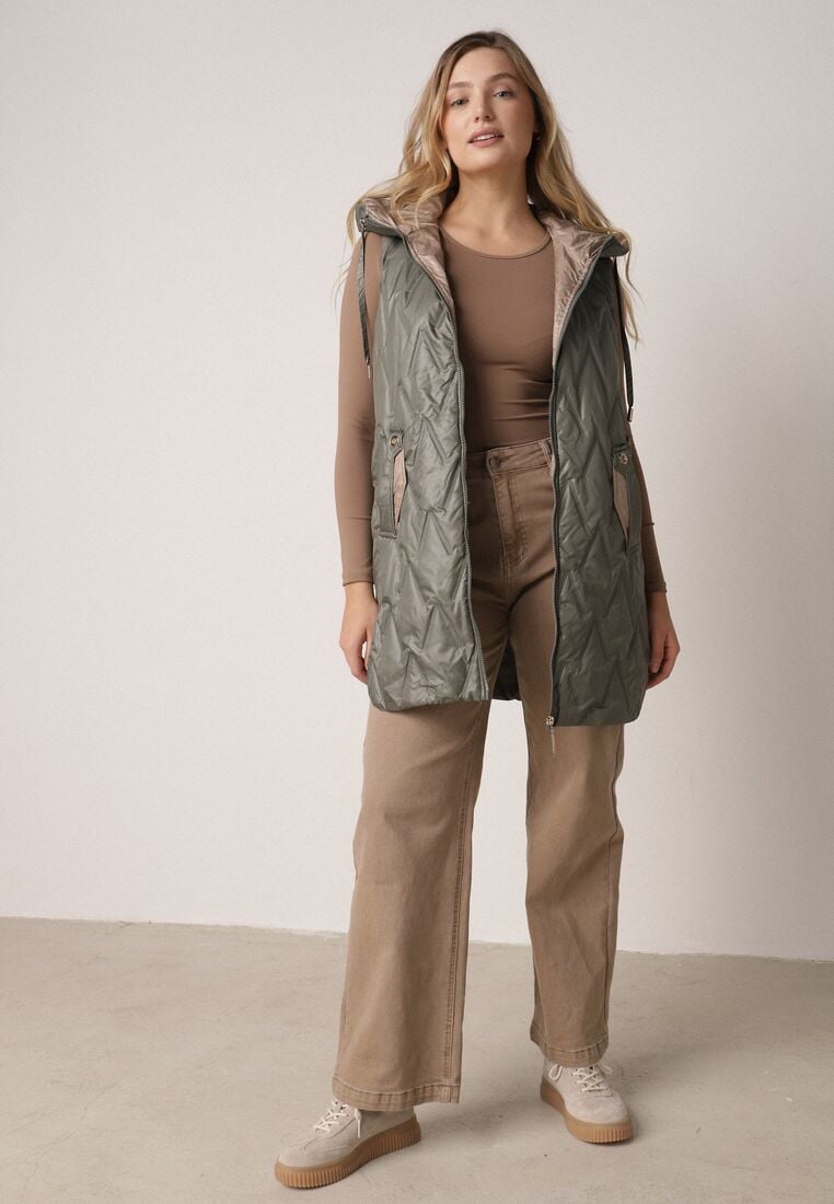 Zielona Pikowana Kamizelka o Długim Kroju z Nieodpinanym Kapturem w Romby Dephice 2