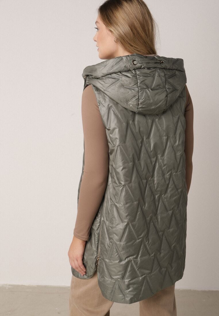 Zielona Pikowana Kamizelka o Długim Kroju z Nieodpinanym Kapturem w Romby Dephice 3