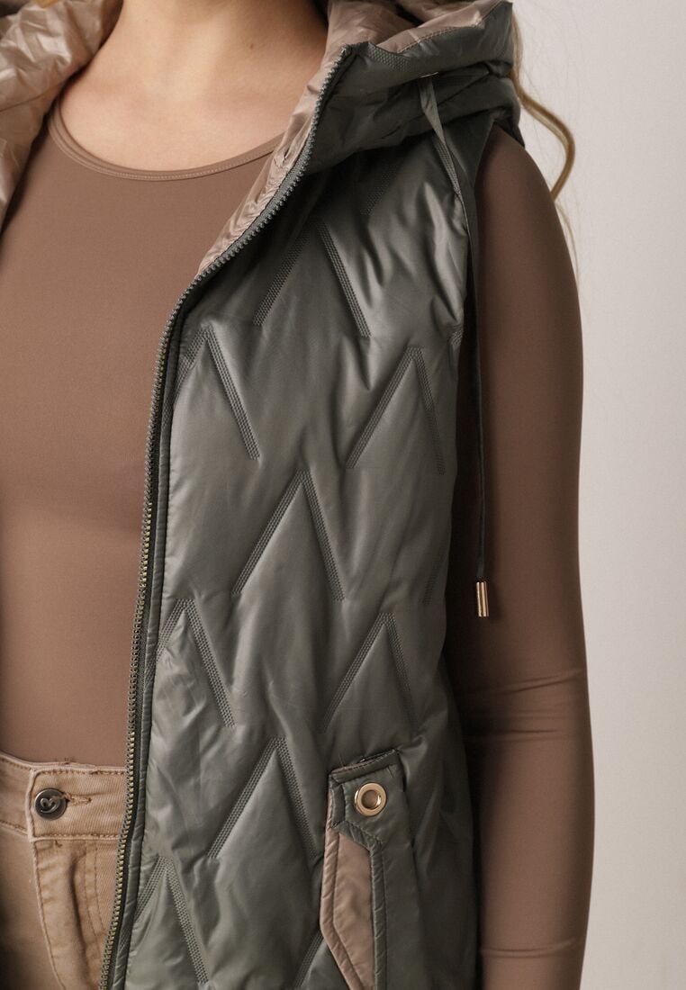 Zielona Pikowana Kamizelka o Długim Kroju z Nieodpinanym Kapturem w Romby Dephice 5