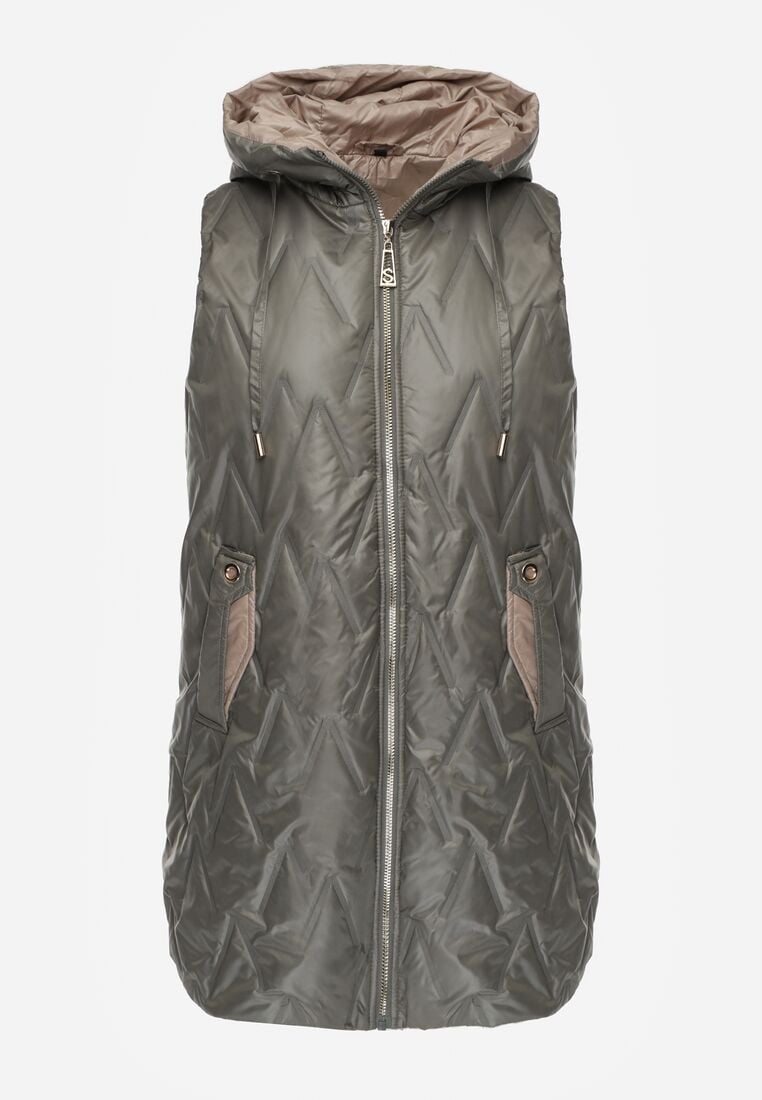 Zielona Pikowana Kamizelka o Długim Kroju z Nieodpinanym Kapturem w Romby Dephice 6