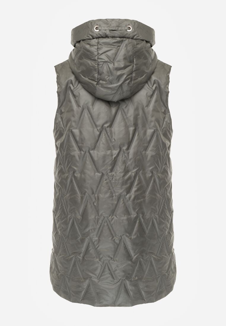 Zielona Pikowana Kamizelka o Długim Kroju z Nieodpinanym Kapturem w Romby Dephice 7