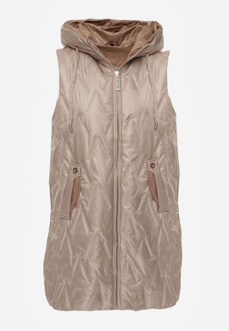 Brązowa Pikowana Kamizelka o Długim Kroju z Nieodpinanym Kapturem w Romby Dephice 6