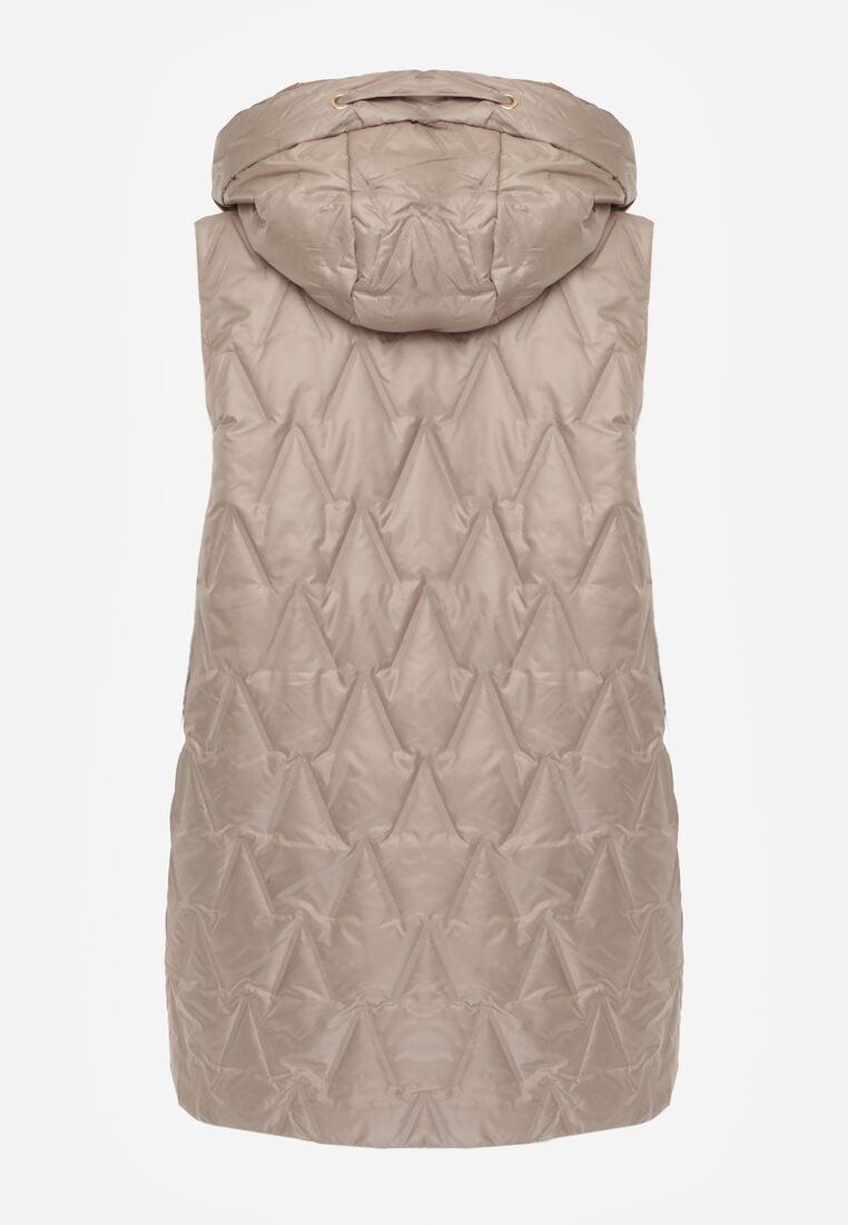 Brązowa Pikowana Kamizelka o Długim Kroju z Nieodpinanym Kapturem w Romby Dephice 7