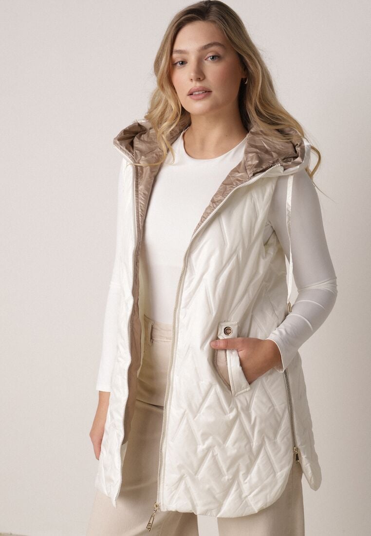 Biała Pikowana Kamizelka o Długim Kroju z Nieodpinanym Kapturem w Romby Dephice 4
