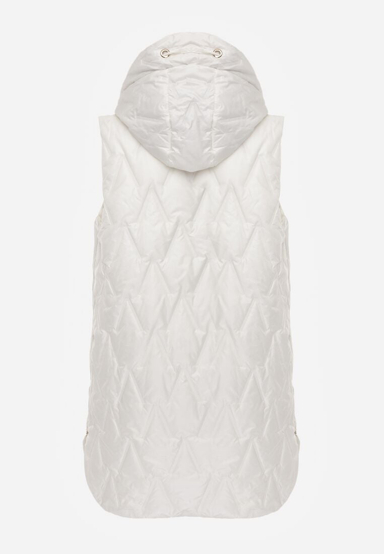 Biała Pikowana Kamizelka o Długim Kroju z Nieodpinanym Kapturem w Romby Dephice 7