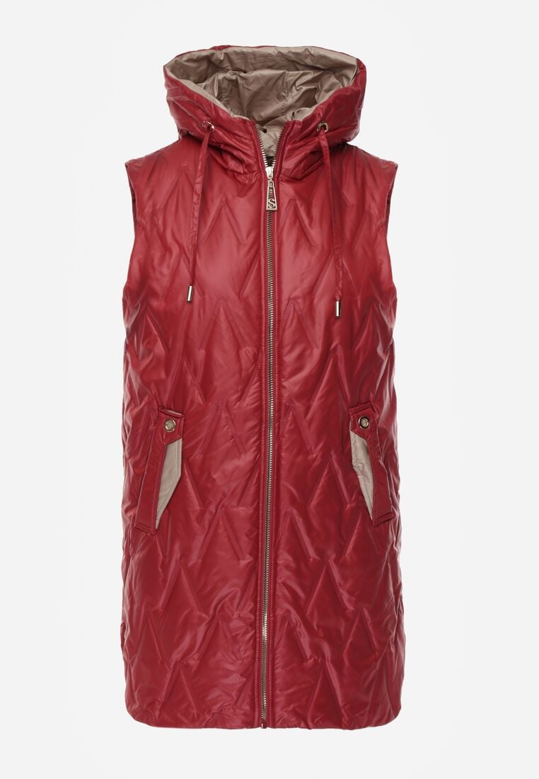 Czerwona Pikowana Kamizelka o Długim Kroju z Nieodpinanym Kapturem w Romby Dephice 6