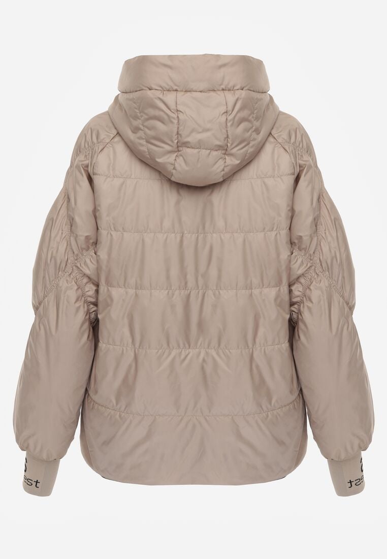 Ciemnobeżowa Przejściowa Kurtka Pikowana z Kapturem i Napisami na Rękawach Althone 7