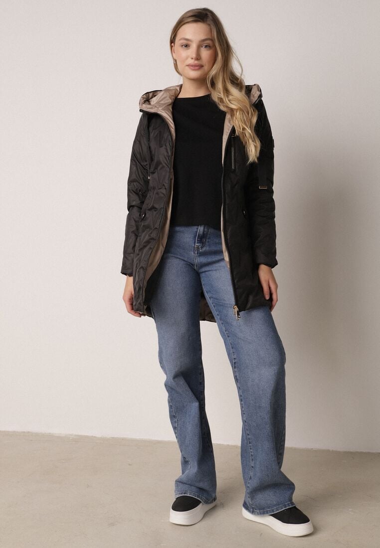 Czarna Pikowana Kurtka Przejściowa Parka z Kapturem o Długim Kroju z Ozdobą Isaline 2