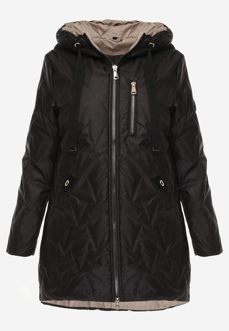 Czarna Pikowana Kurtka Przejściowa Parka z Kapturem o Długim Kroju z Ozdobą Isaline 6
