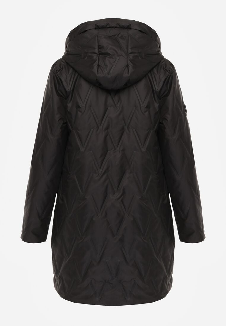 Czarna Pikowana Kurtka Przejściowa Parka z Kapturem o Długim Kroju z Ozdobą Isaline 7