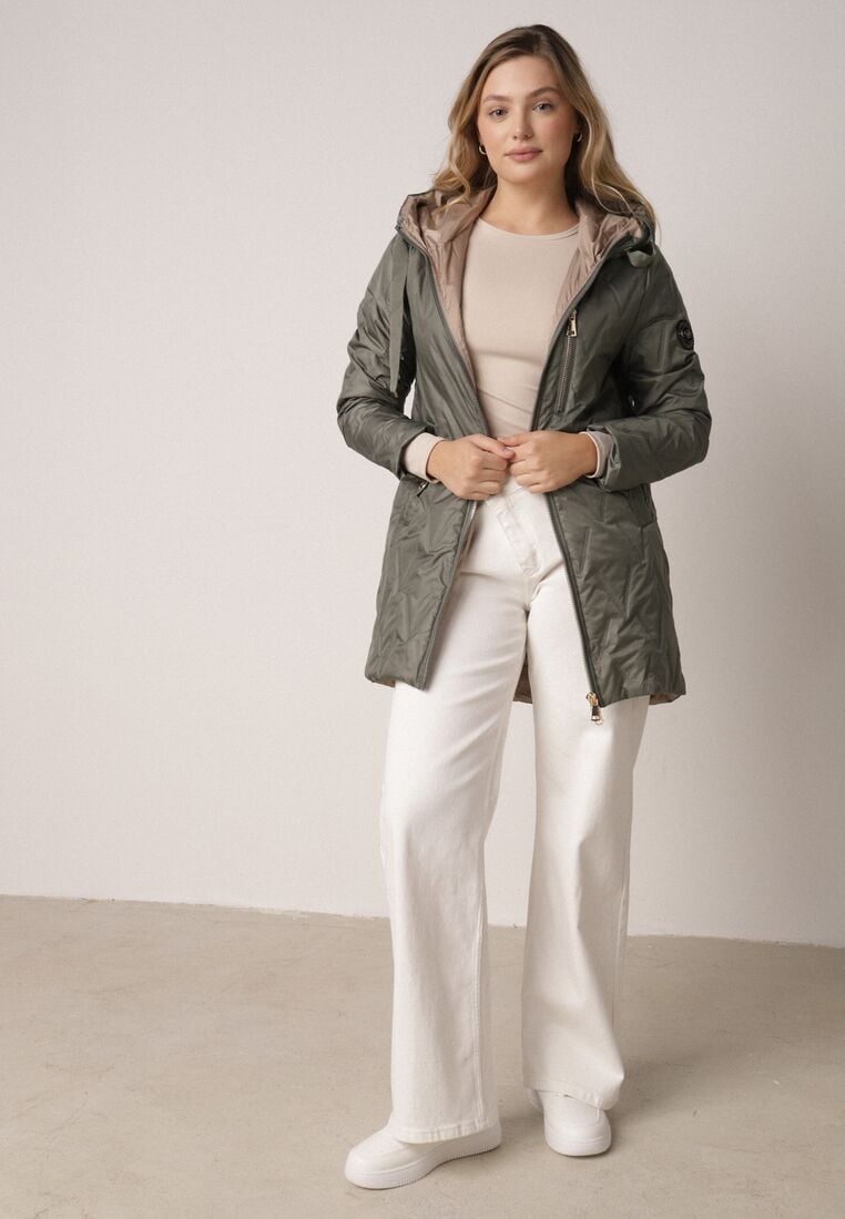 Zielona Pikowana Kurtka Przejściowa Parka z Kapturem o Długim Kroju z Ozdobą Isaline 2