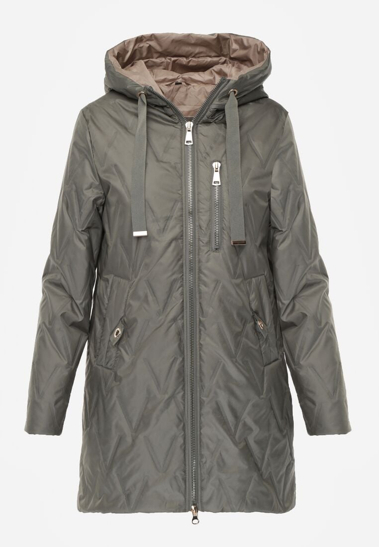 Zielona Pikowana Kurtka Przejściowa Parka z Kapturem o Długim Kroju z Ozdobą Isaline 6