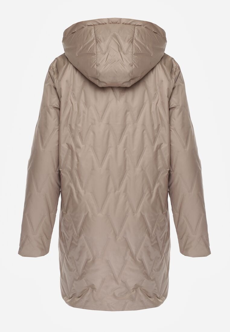 Brązowa Pikowana Kurtka Przejściowa Parka z Kapturem o Długim Kroju z Ozdobą Isaline 7