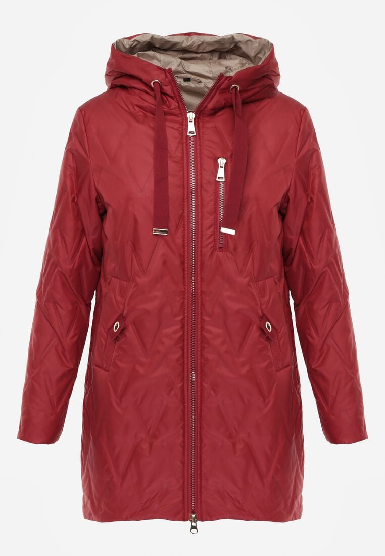 Czerwona Pikowana Kurtka Przejściowa Parka z Kapturem o Długim Kroju z Ozdobą Isaline 6