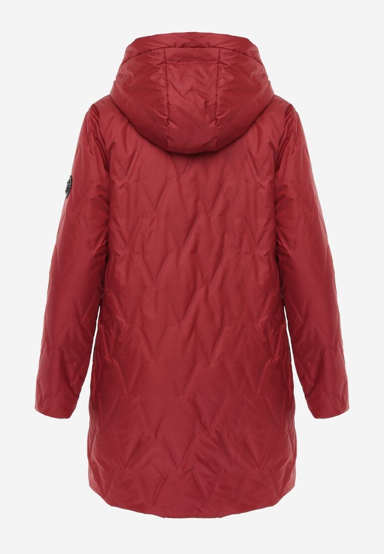 Czerwona Pikowana Kurtka Przejściowa Parka z Kapturem o Długim Kroju z Ozdobą Isaline 7