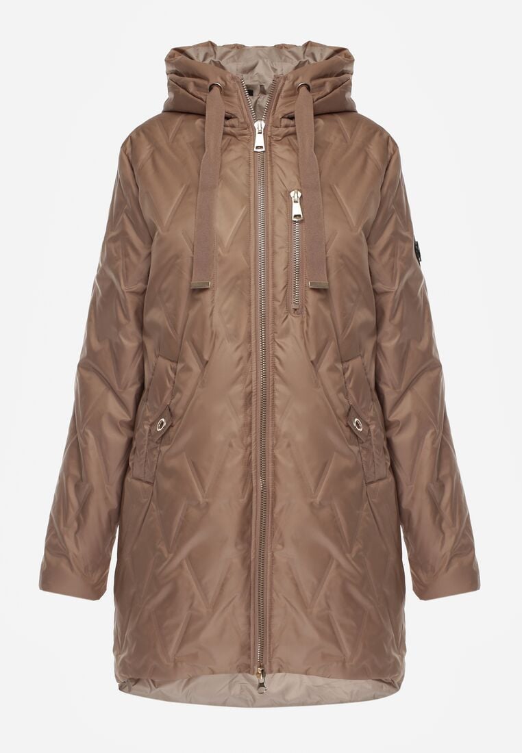 Jasnobrązowa Pikowana Kurtka Przejściowa Parka z Kapturem o Długim Kroju z Ozdobą Isaline 6