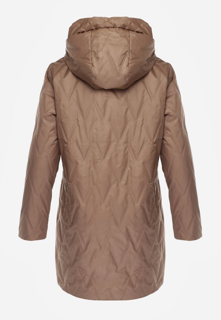 Jasnobrązowa Pikowana Kurtka Przejściowa Parka z Kapturem o Długim Kroju z Ozdobą Isaline 7