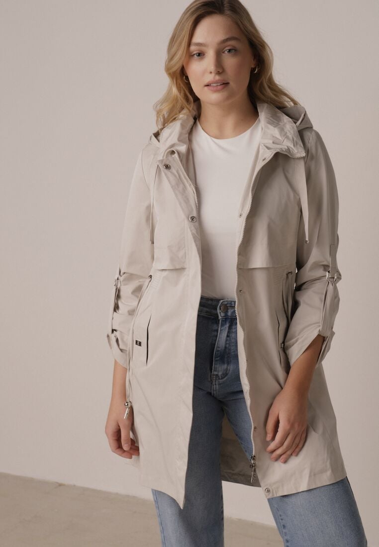 Beżowa Kurtka w Stylu Parki z Odpinanym Kapturem i Sznurkami Enang 1