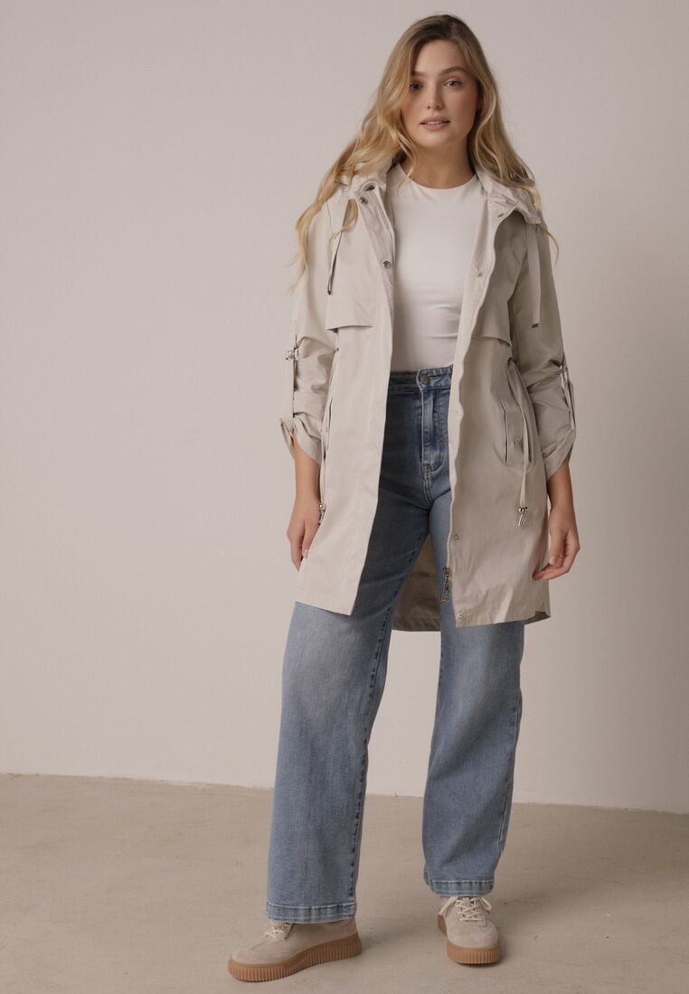 Beżowa Kurtka w Stylu Parki z Odpinanym Kapturem i Sznurkami Enang 2