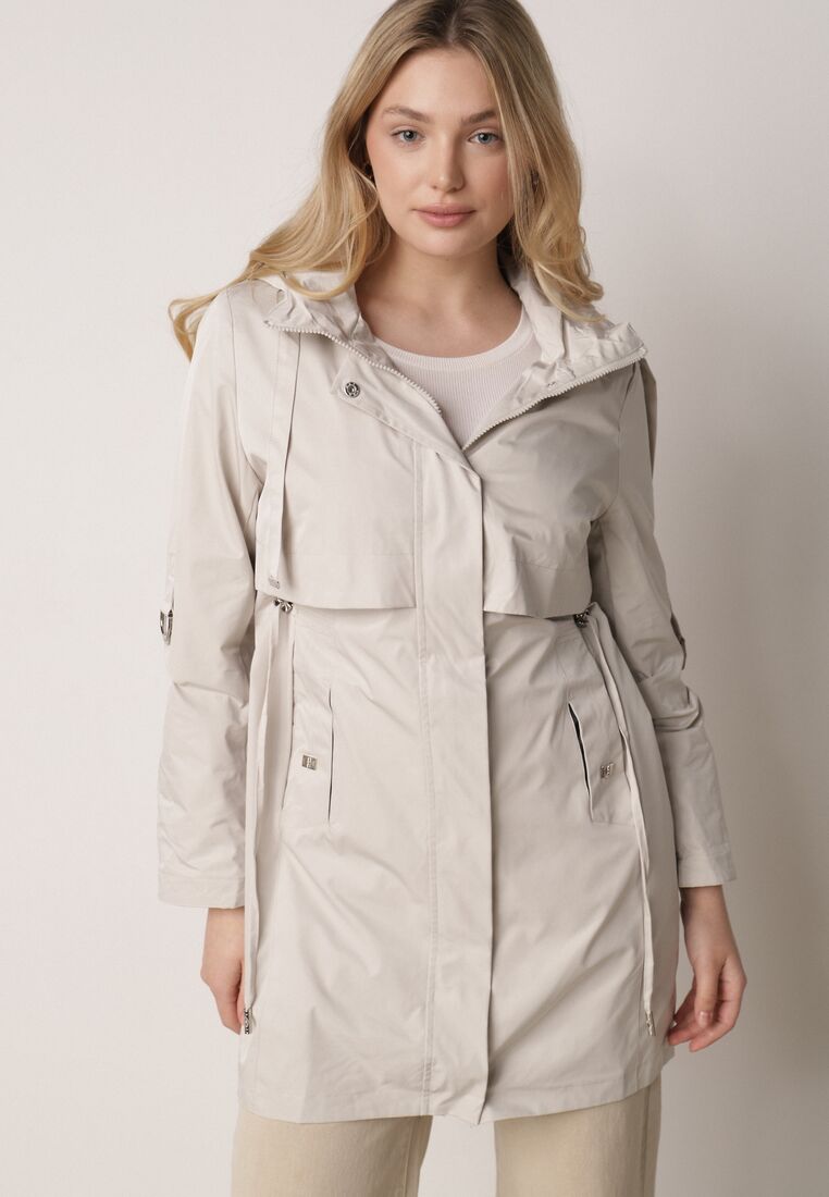 Beżowa Kurtka w Stylu Parki z Odpinanym Kapturem i Sznurkami Enang 1