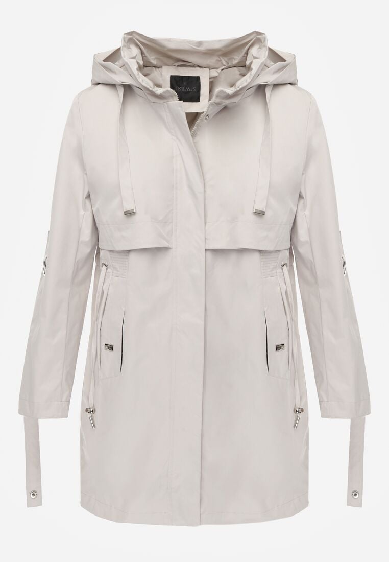 Beżowa Kurtka w Stylu Parki z Odpinanym Kapturem i Sznurkami Enang 6