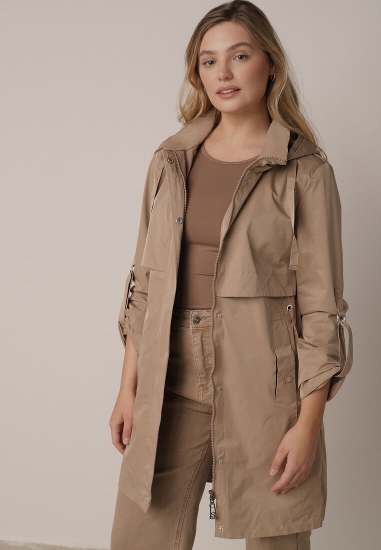 Brązowa Kurtka w Stylu Parki z Odpinanym Kapturem i Sznurkami Enang 1