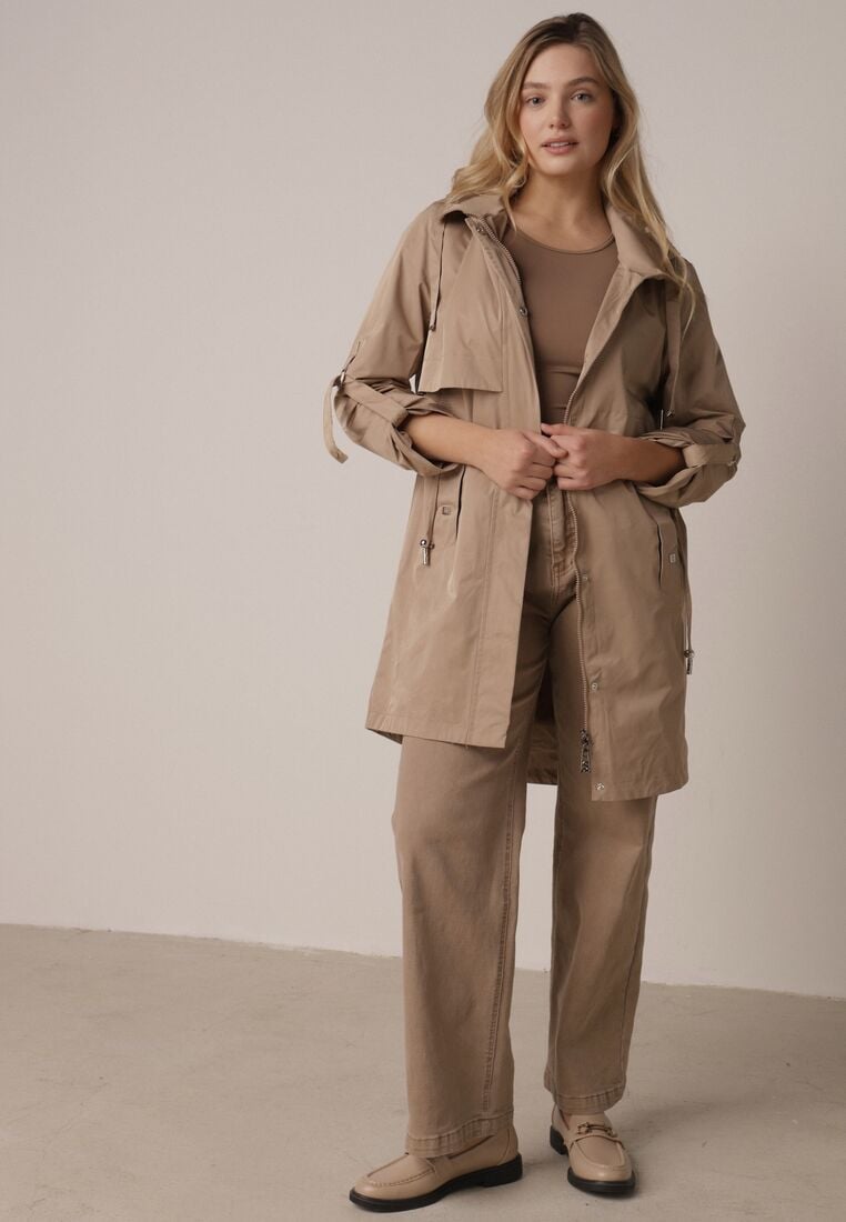 Brązowa Kurtka w Stylu Parki z Odpinanym Kapturem i Sznurkami Enang 2