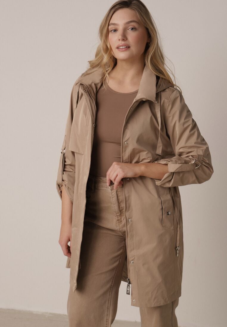 Brązowa Kurtka w Stylu Parki z Odpinanym Kapturem i Sznurkami Enang 4