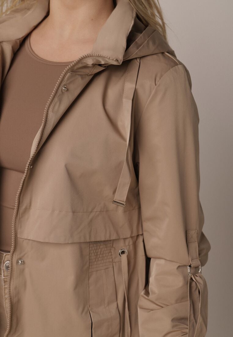 Brązowa Kurtka w Stylu Parki z Odpinanym Kapturem i Sznurkami Enang 5