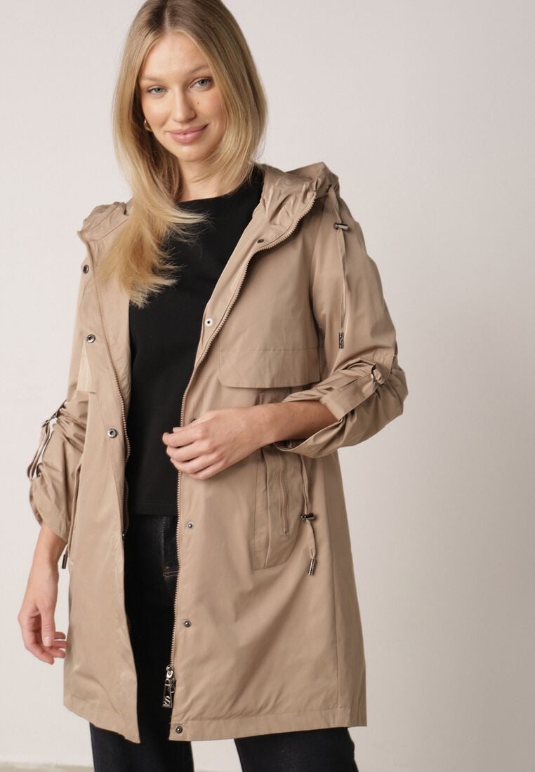Brązowa Przejściowa Kurtka Parka z Kapturem i Podwijanymi Rękawami Tinarose 4