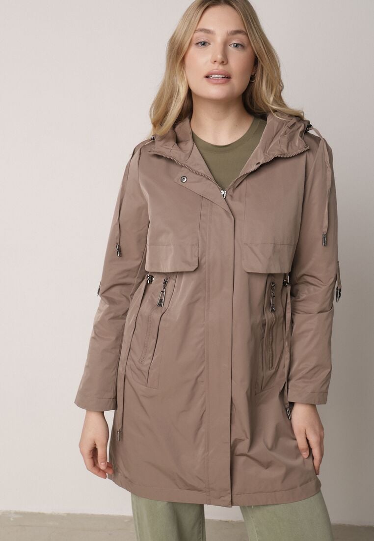 Ciemnobeżowa Przejściowa Kurtka Parka z Kapturem i Podwijanymi Rękawami Tinarose 1