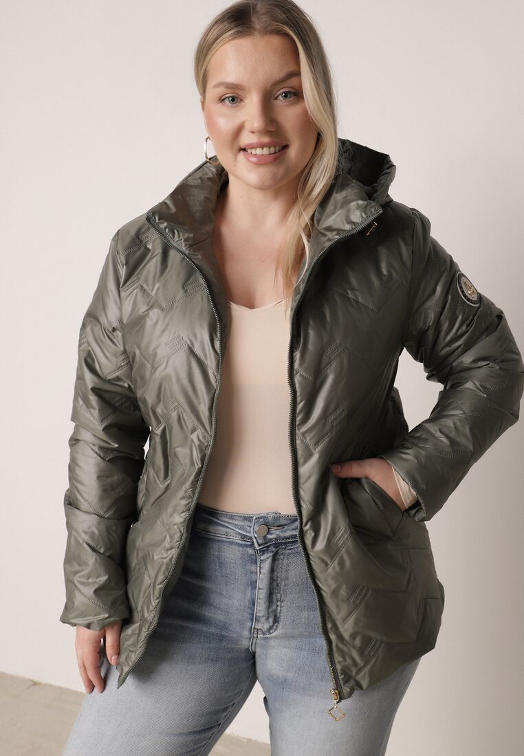 Zielona Pikowana Kurtka Przejściowa o Prostym Kroju z Kapturem Vimoris 2