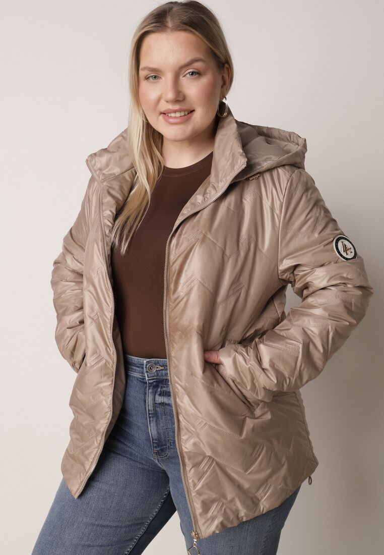 Ciemnobeżowa Pikowana Kurtka Przejściowa o Prostym Kroju z Kapturem Vimoris 2