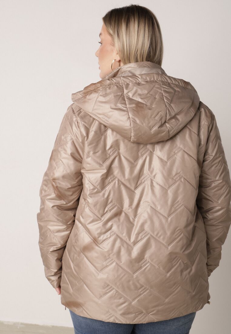 Ciemnobeżowa Pikowana Kurtka Przejściowa o Prostym Kroju z Kapturem Vimoris 3