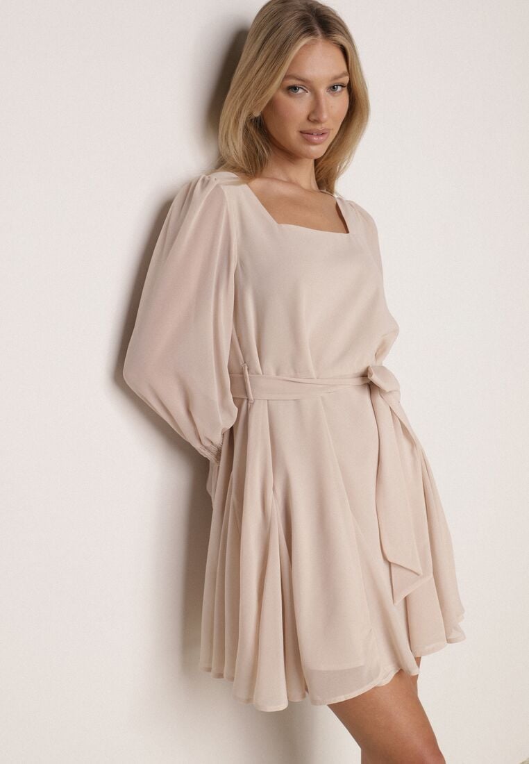 Beżowa Sukienka Vices z Siateczkowymi Rękawami i Wiązanym Paskiem Resnala 4