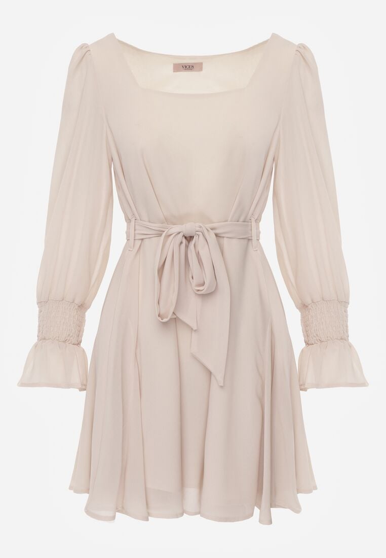 Beżowa Sukienka Vices z Siateczkowymi Rękawami i Wiązanym Paskiem Resnala 6