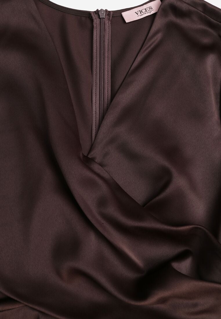 Brązowa Satynowa Sukienka VICES z Bawełny o Kopertowym Kroju Glanita 8