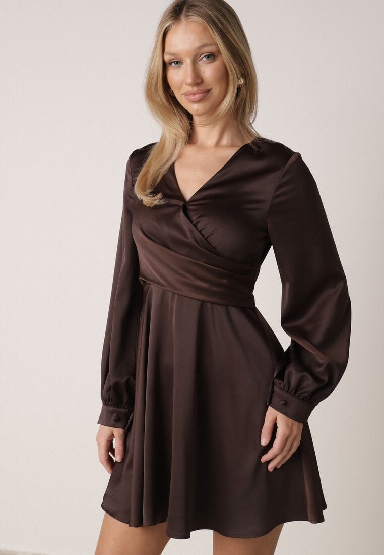 Brązowa Satynowa Sukienka VICES z Bawełny o Kopertowym Kroju Glanita 4