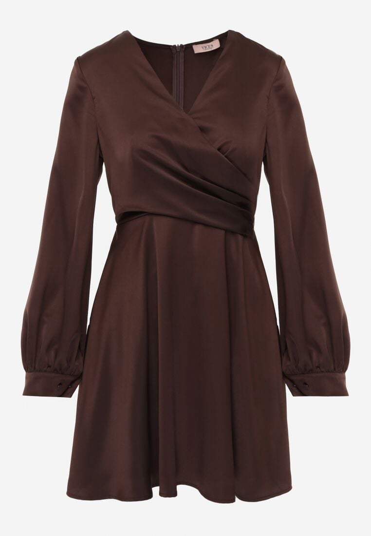 Brązowa Satynowa Sukienka VICES z Bawełny o Kopertowym Kroju Glanita 6