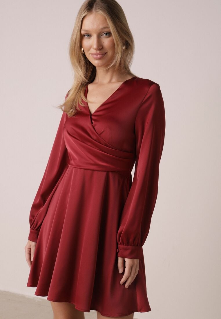 Czerwona Satynowa Sukienka VICES z Bawełny o Kopertowym Kroju Glanita 4