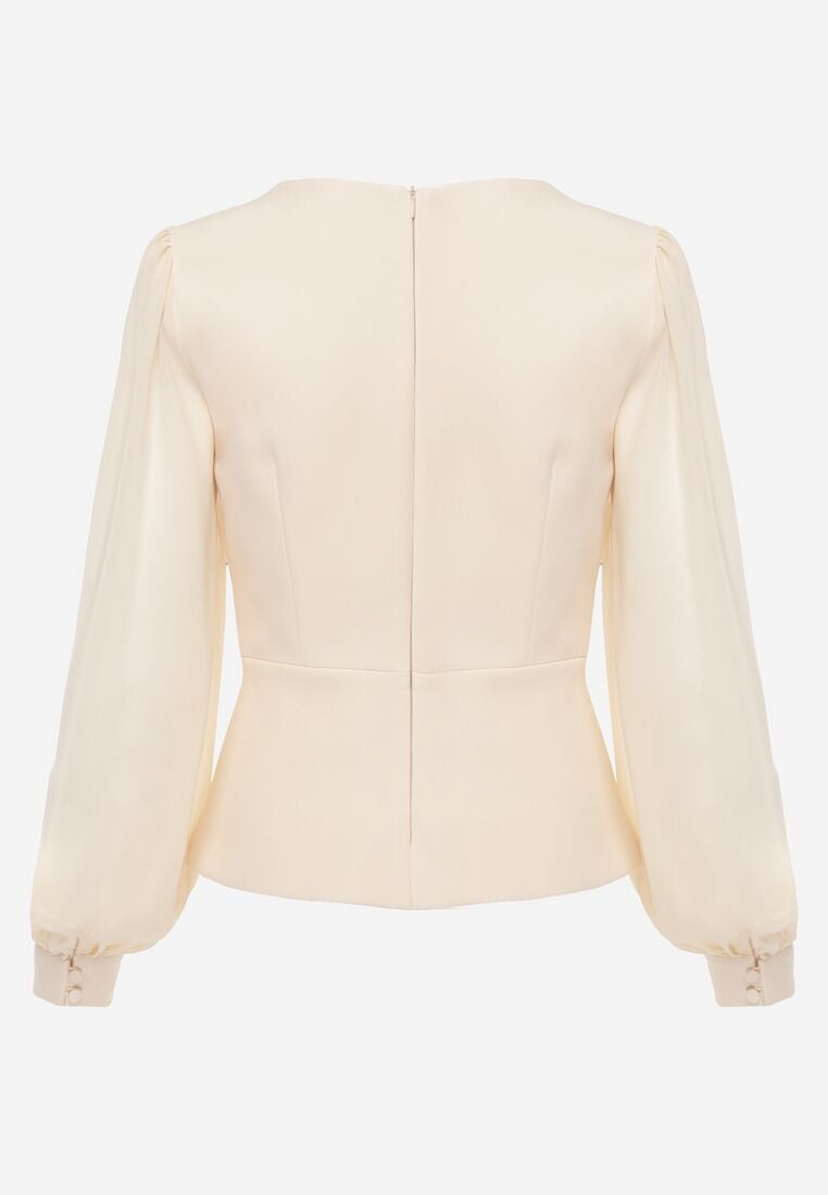 Beżowa Bluzka Kopertowa VICES z Dekoltem V Bufiastymi Rękawkami i Zaakcentowanymi Ramionami Tine 7