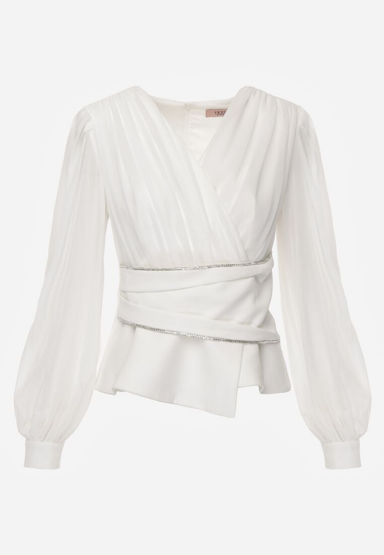 Biała Bluzka Kopertowa VICES z Dekoltem V Bufiastymi Rękawkami i Zaakcentowanymi Ramionami Tine 6