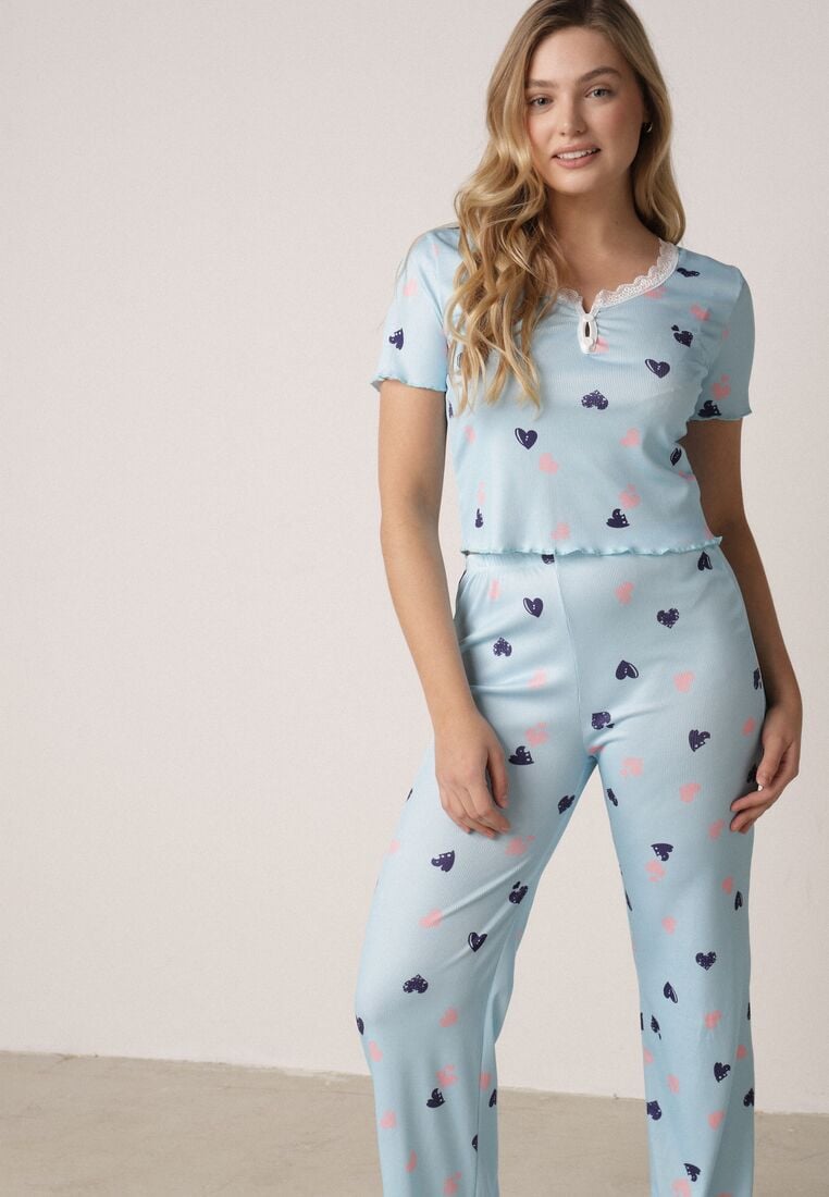 Niebieski Komplet Piżamowy z Elastycznego Materiału Spodnie i Bluzka w Serca Veys 1